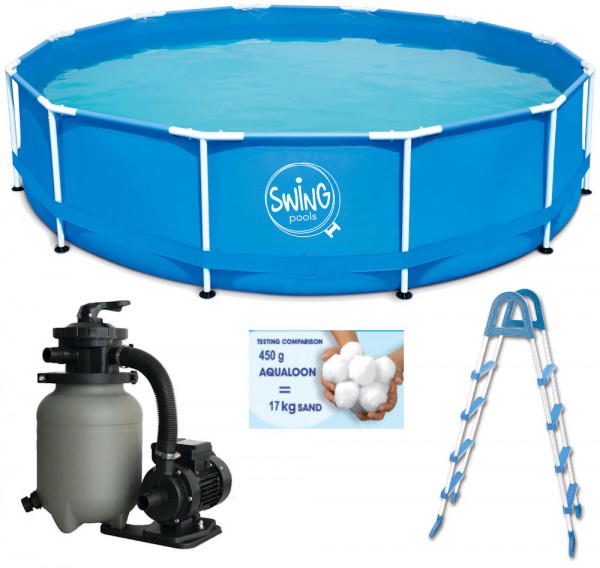 Swing Frame Metal Pool 457 X 122 cm mit Premium 250 O ohne Vorfilter, Leiter, 450g Aqualoon