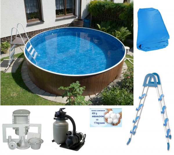 Schwimmbecken Set Holzoptik 3,60 x 1,10 m, Premium 250 mit Vorfilter, Leiter, 700g Aqualoon