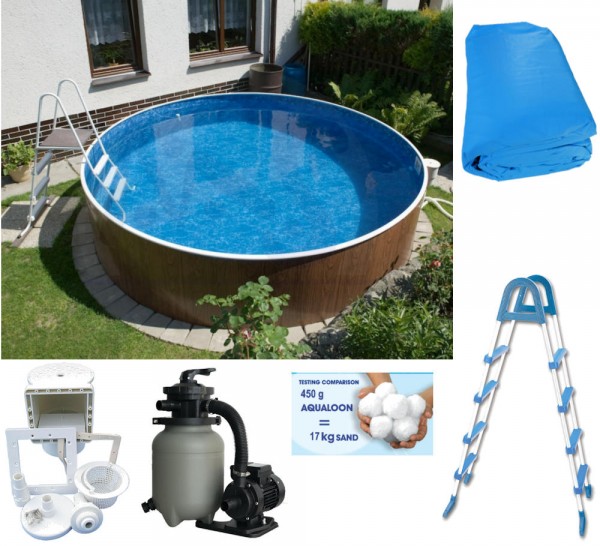 Schwimmbecken Holzoptik 3,60x0,90m zum Aufstellen mit Skimmer, Leiter, Premium 250O ohne Vorfilter,