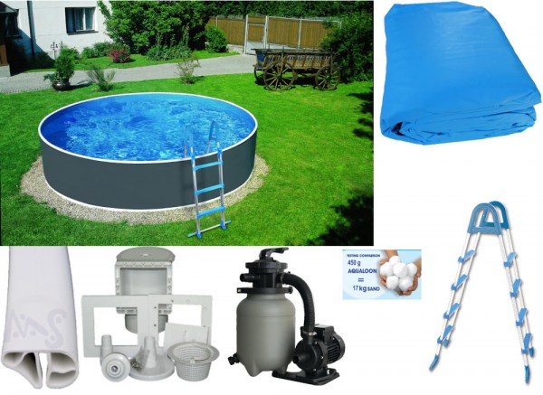 Schwimmbecken Set Aufstellen graphit 3,60x0,90m mit Premium 250O ohne Vorfilter, Skimmer, Leiter, Aq