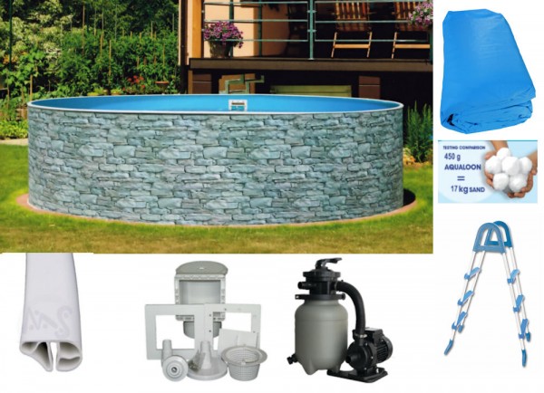 Rundpool-Set Steinoptik 3,60x0,90m mit Sandfilter Premium 250 O ohne Vorfilter, Leiter, Skimmer, Aqu